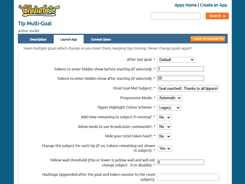 Chaturbate Tip Multi-Goal 1 App Settings